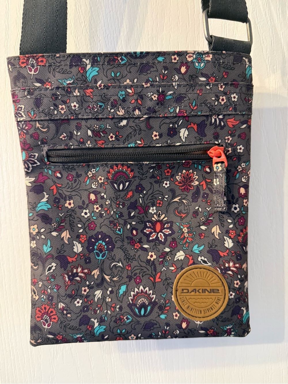 Dakine Charcoal Floral Crossbody with Teal & Coral Accents